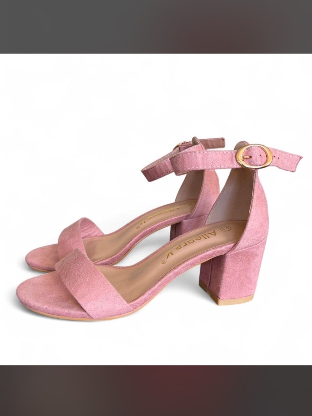 Pink Suede Block Heel Sandals with Ankle Strap